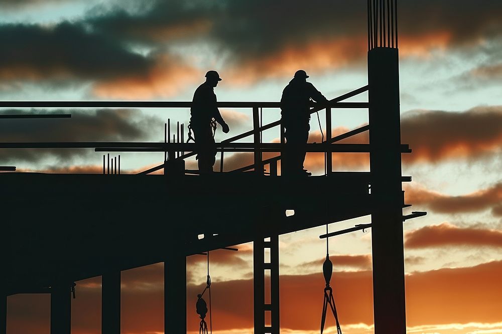 A pair of construction workers on an elevated steel structure adult architecture backlighting.