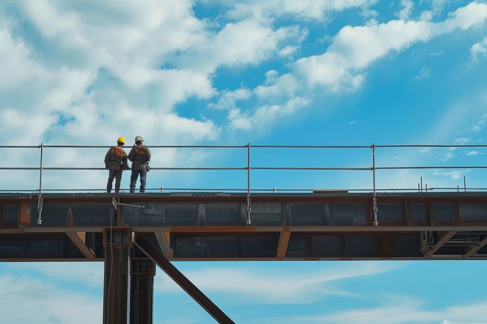 A pair of construction workers on an elevated steel structure togetherness architecture sunlight.