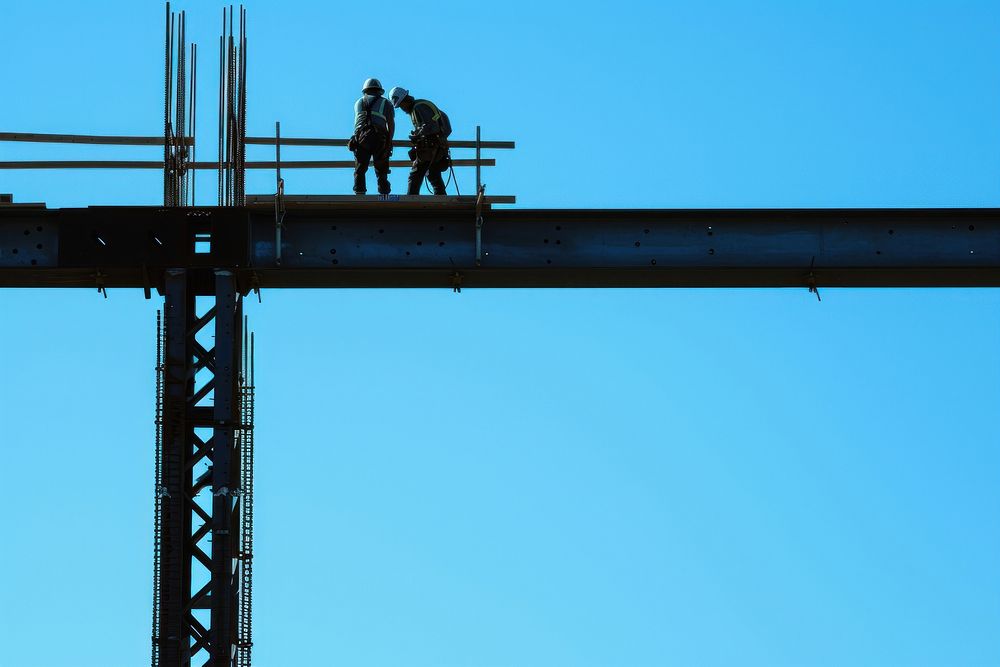 A pair of construction workers on an elevated steel structure hardhat architecture development.
