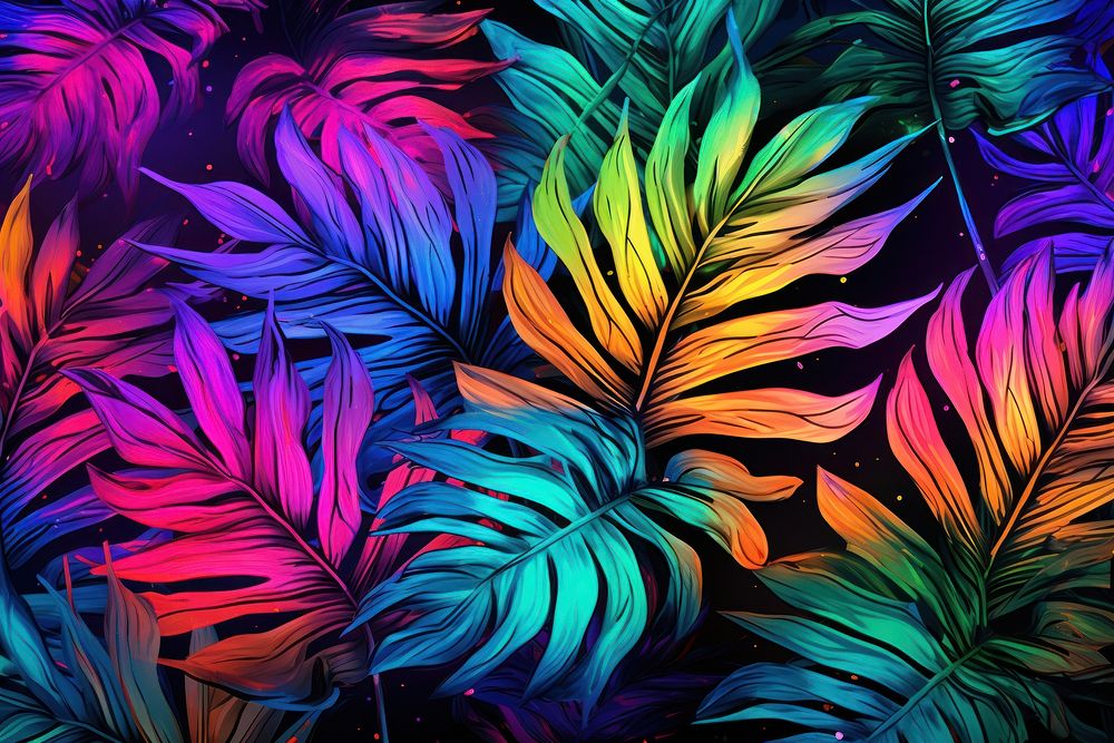 Tropical leaves in vibrant bold gradient holographic neon graphics pattern purple.