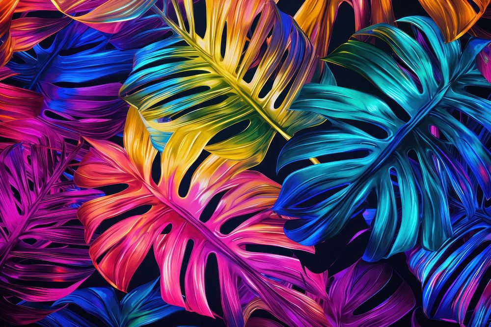 Tropical leaves in vibrant bold gradient holographic neon graphics pattern purple.