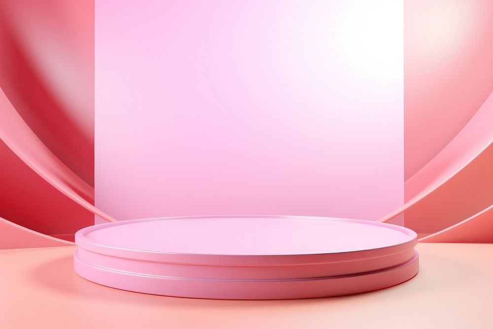 Cylinder podium and circle shape on holographic pink red colored background.