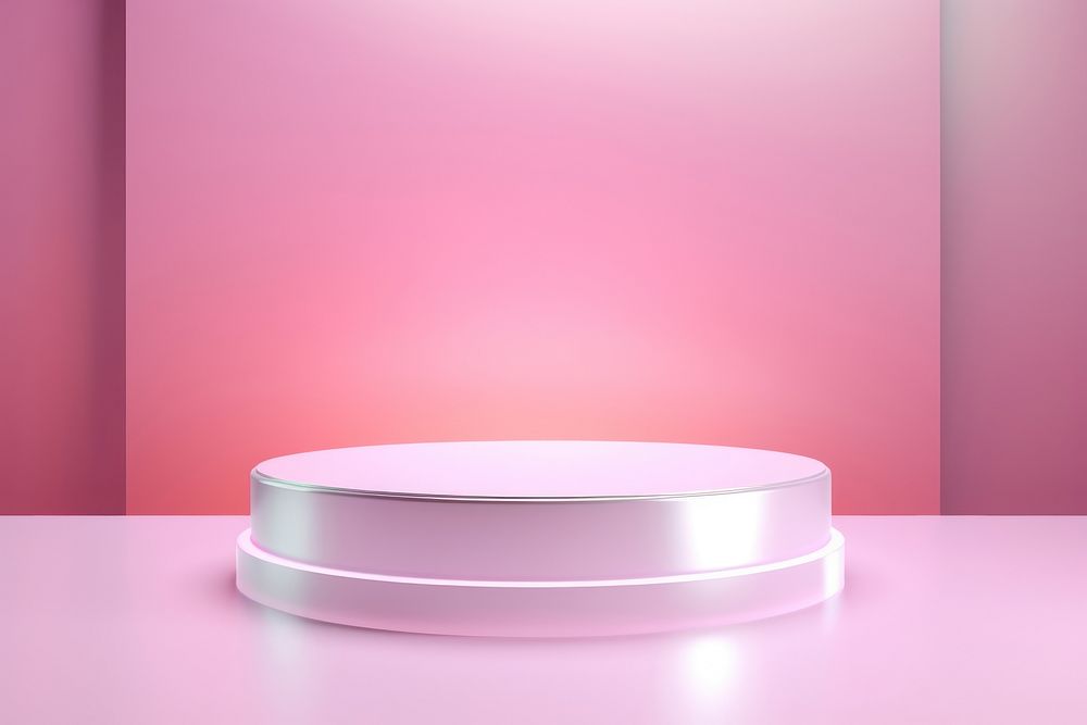 Cylinder podium and circle shape on holographic lighting pink colored background.