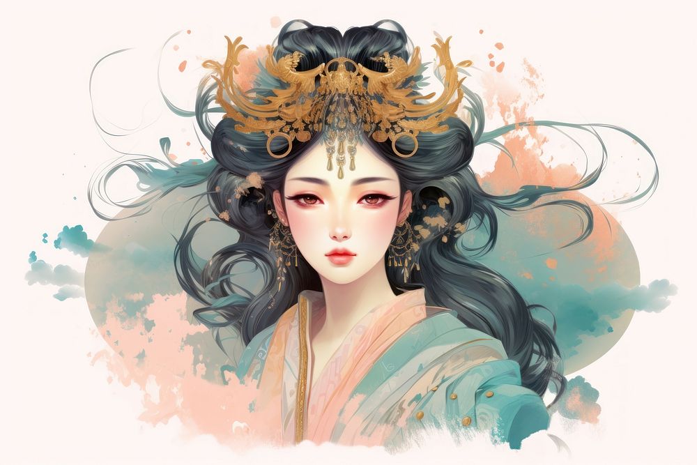 An antique chinese deity woman portrait drawing sketch.