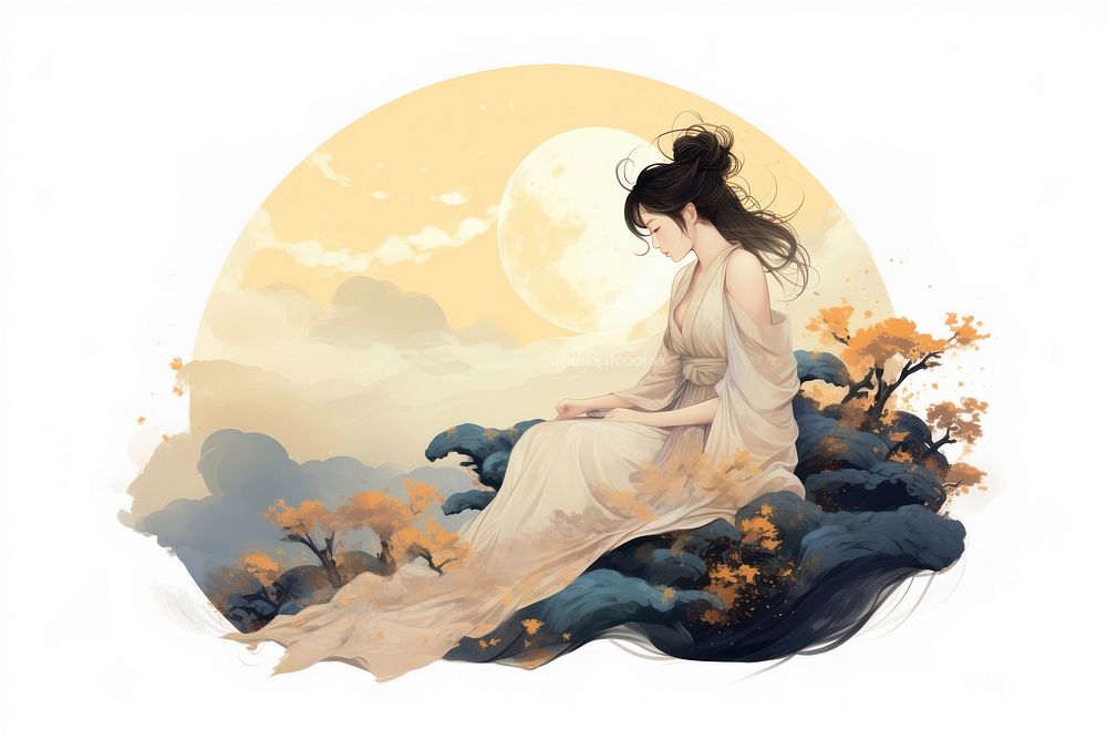 An antique chinese isolated lover with full moon adult tranquility relaxation.