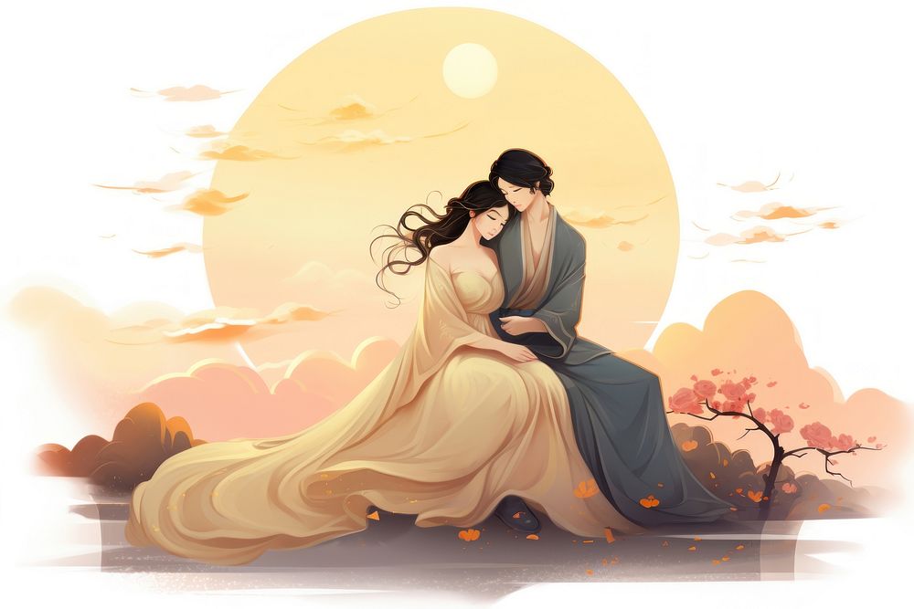 An antique chinese lover hugging fashion wedding adult.