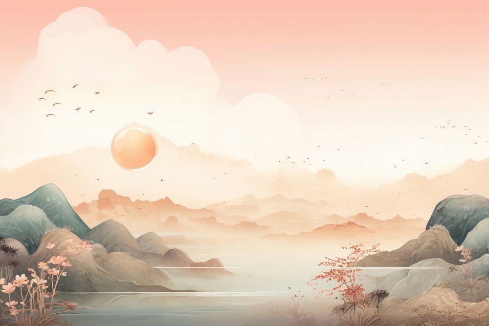 An antique chinese sun landscape outdoors nature sky.