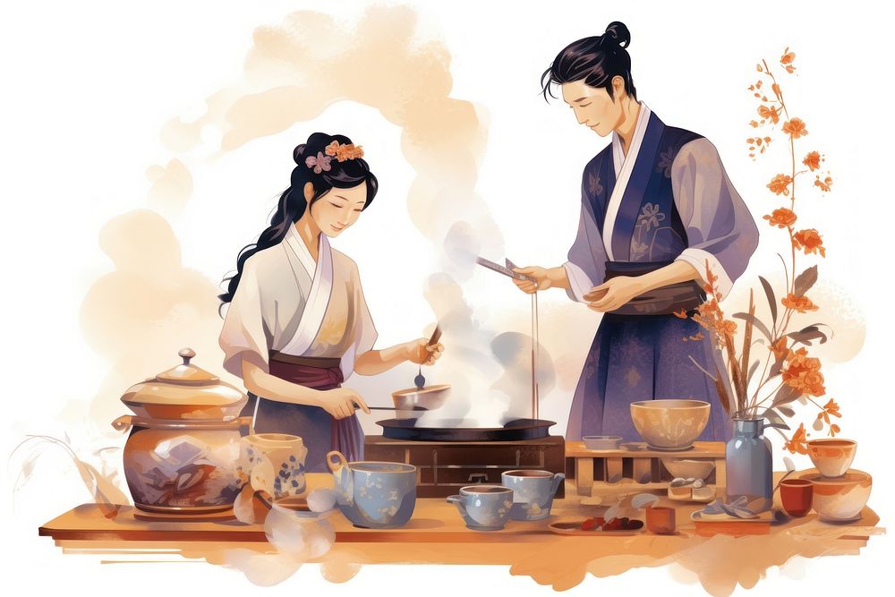 An antique chinese people cooking together adult togetherness creativity.