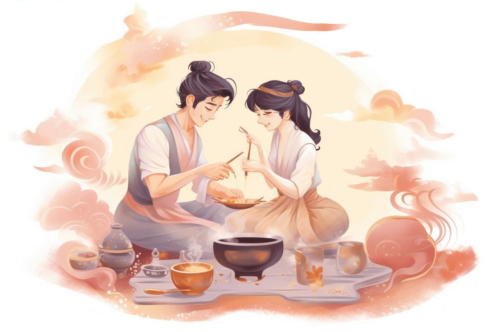 An antique chinese people cooking together adult food togetherness.