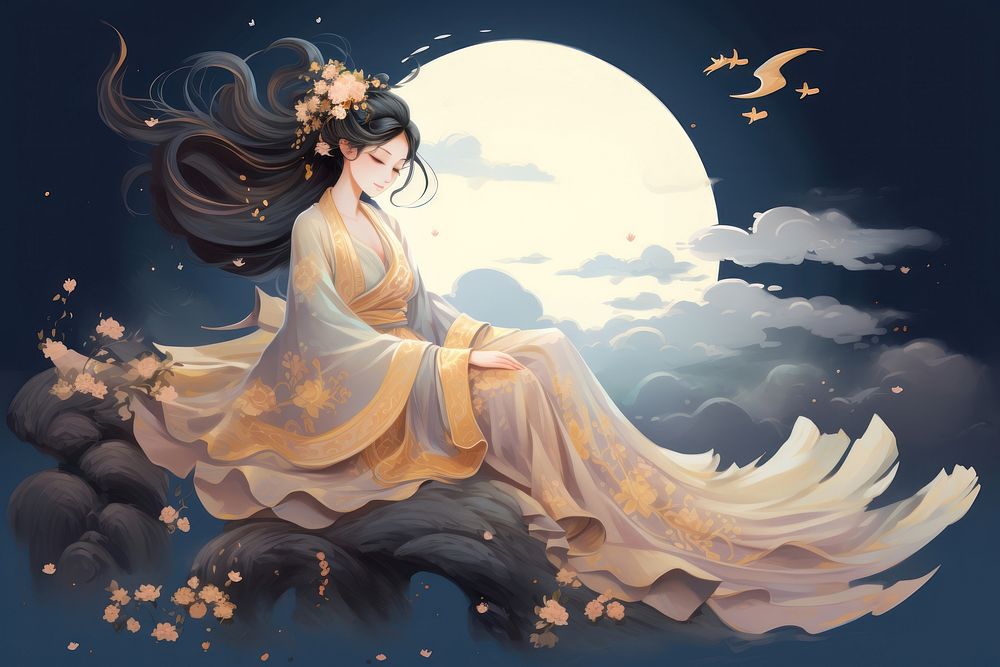 An antique chinese traditional angel on deep dark night sky outdoors fashion nature.