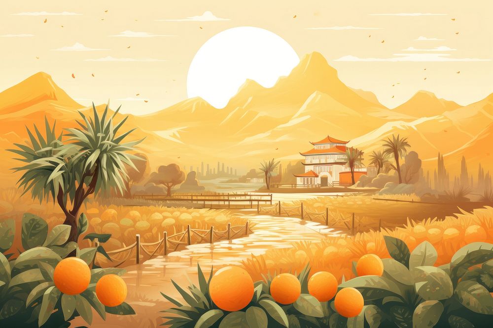An antique chinese traditional orange farm architecture landscape outdoors.