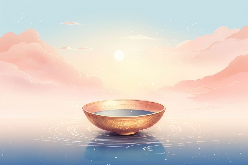 An antique chinese traditional water in traditional bowl reflect moon illumination tranquility reflection sunlight.