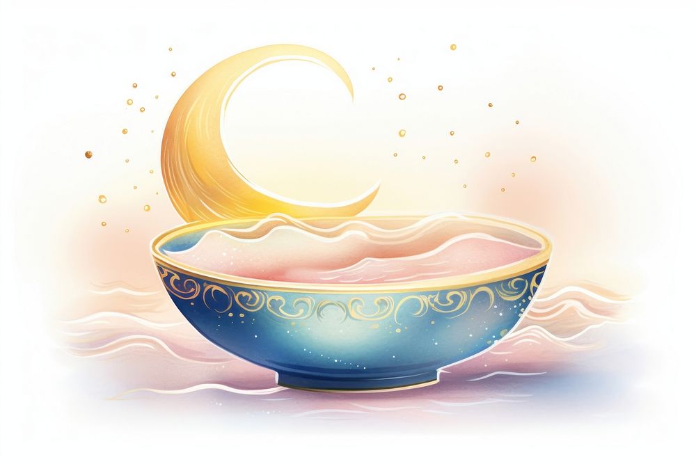 An antique chinese traditional water in traditional bowl reflect moon illumination tranquility porcelain graphics.