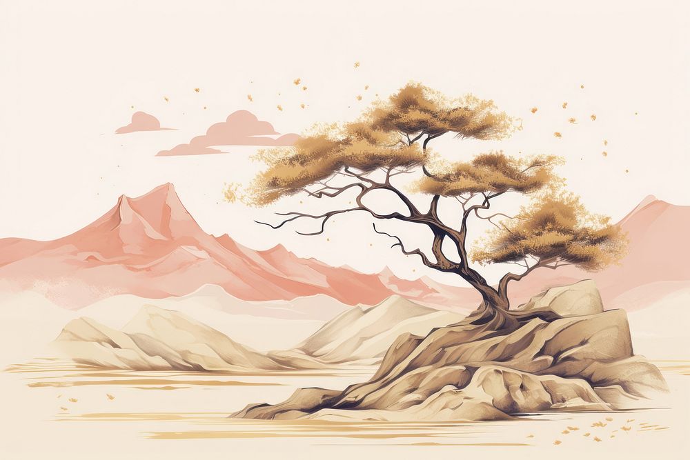 An antique chinese tree on highland landscape outdoors drawing nature.