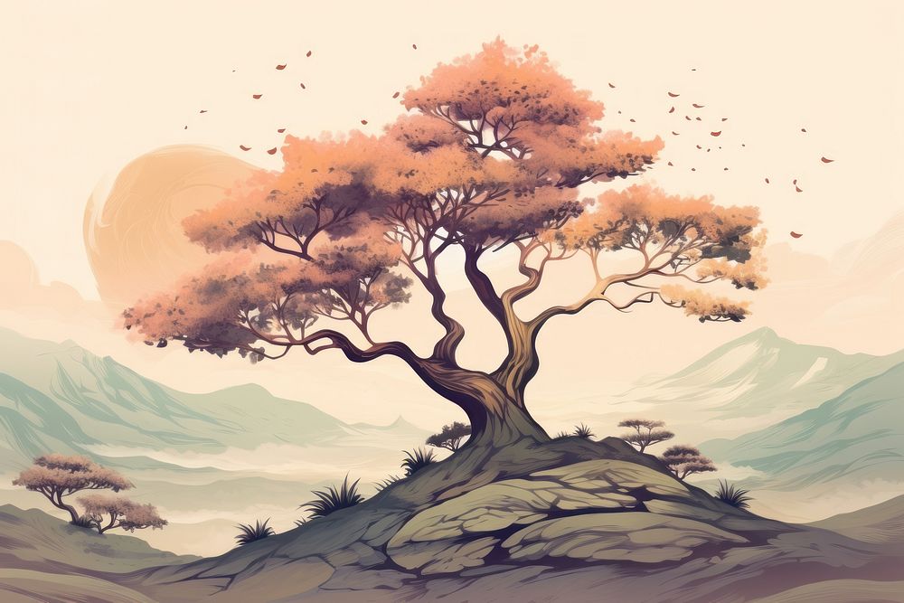 An antique chinese tree on highland landscape outdoors nature sketch.