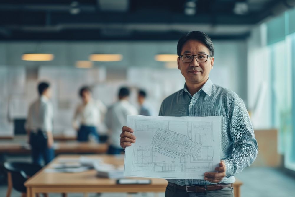 An Asian architect holding plans coworker meeting adult.