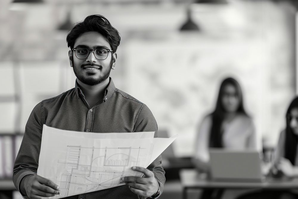 An Indian architect holding plans portrait glasses adult.
