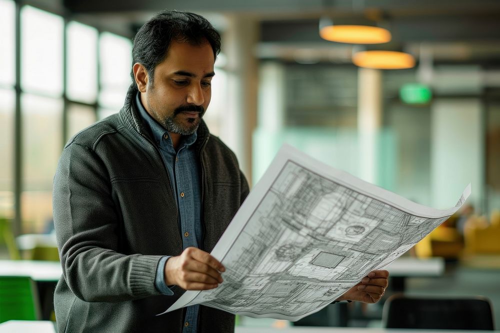 An Indian architect holding plans reading adult concentration.
