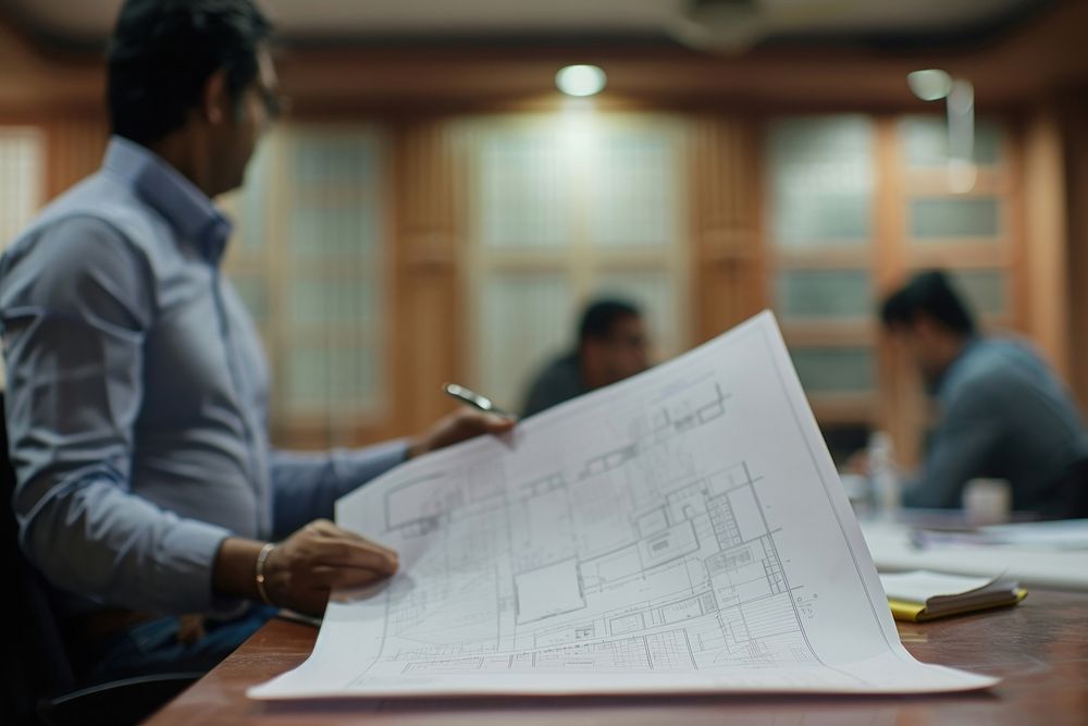 An Indian architect holding plans meeting diagram adult.