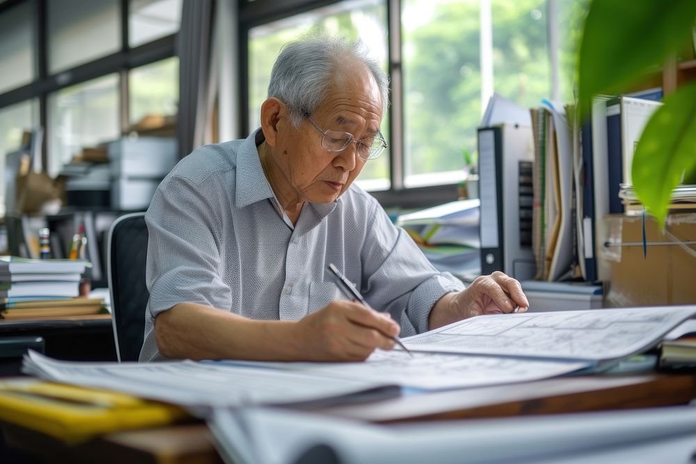 Asian elderly architect man working in a desk office furniture writing adult.