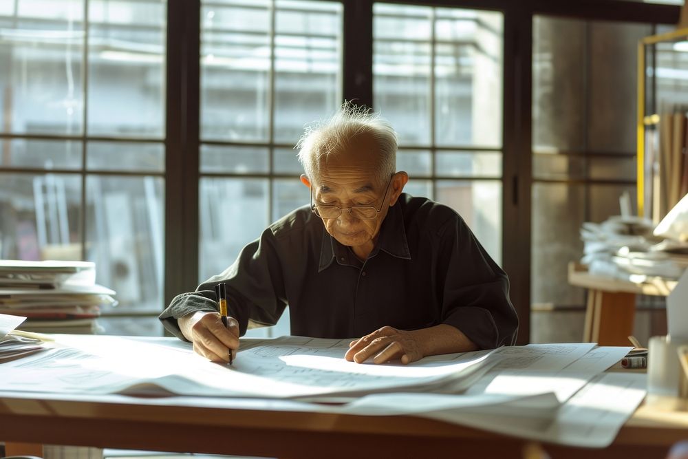 Asian elderly architect man working in a desk office furniture table adult.