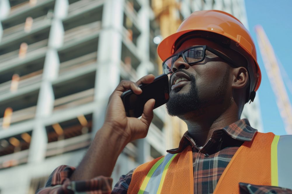 Black construction worker talks on his cellphone photography hardhat helmet.
