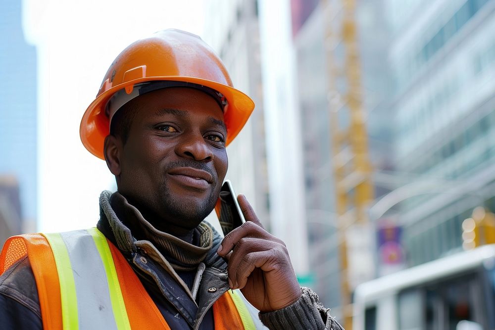 Black construction worker talks on his cellphone hardhat helmet adult.