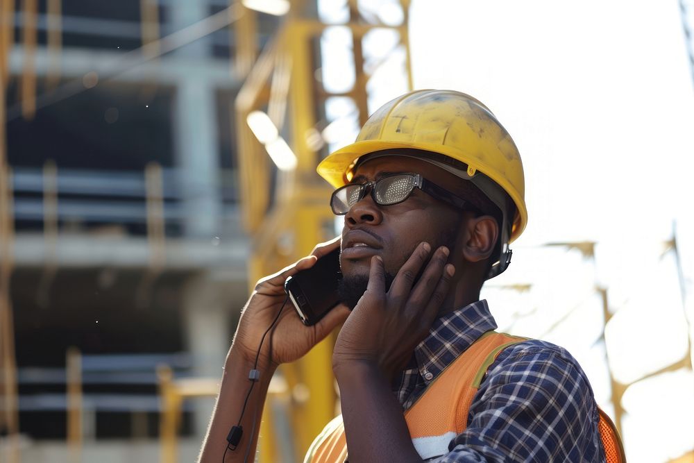 Black construction worker talks on his cellphone hardhat helmet adult.