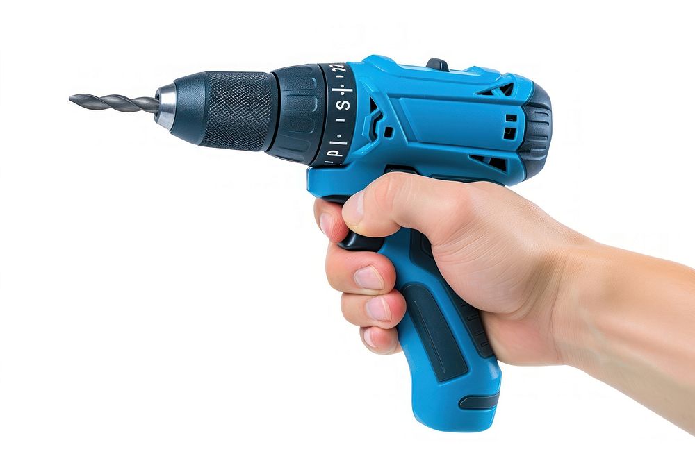 Blue cordless electronic screwdriver drill hand tool white background technology.