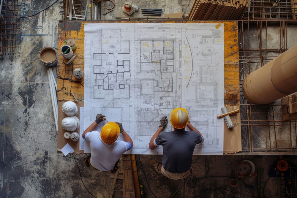 Building construction project plans and drawings of construction workers architecture blueprint working.