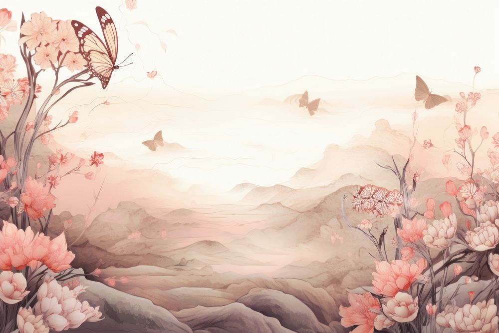 Butterfly in antique chinese flowers landscape backgrounds pattern plant.