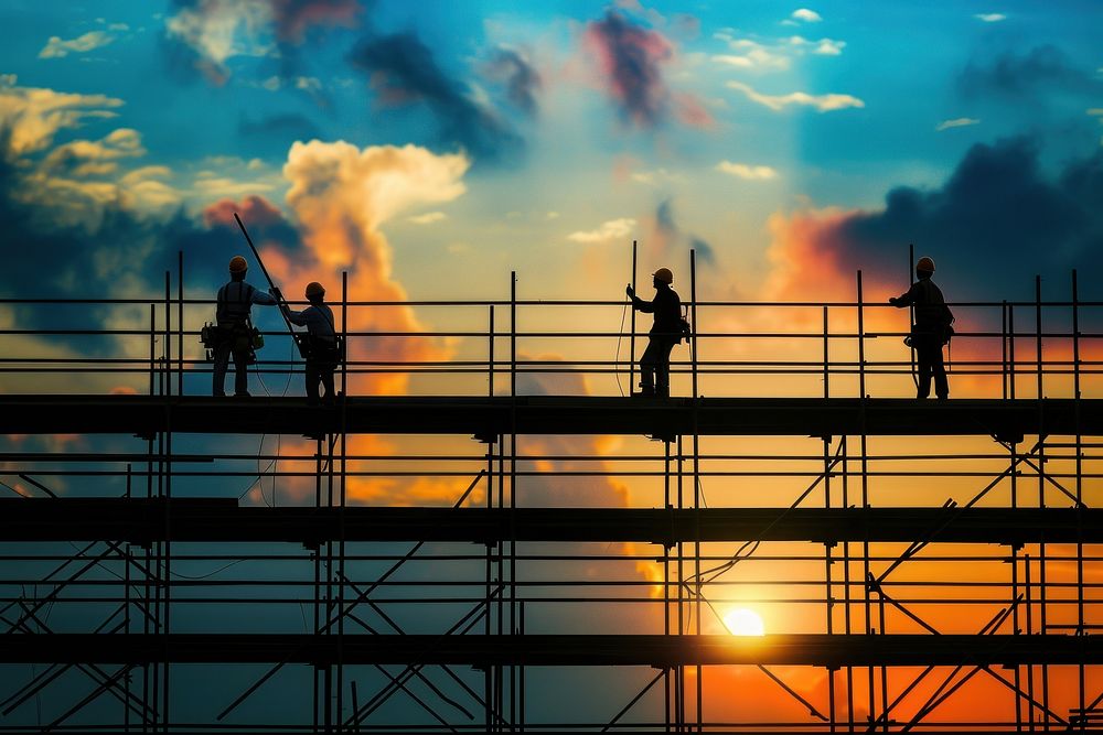 Construction workers on an elevated steel structure architecture backlighting cooperation.