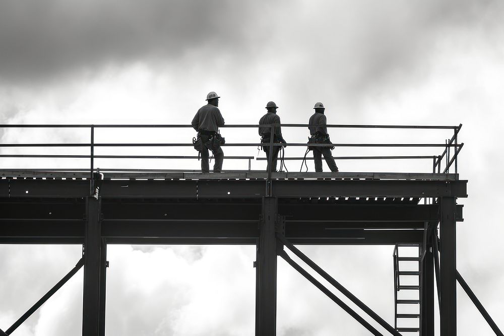 Construction workers on an elevated steel structure architecture cooperation accessories.