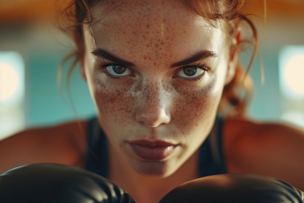 Woman do a boxing portrait freckle adult.