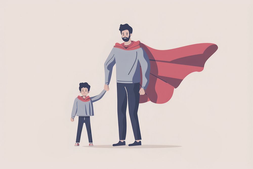 Father with cape and son cartoon togetherness illustrated.