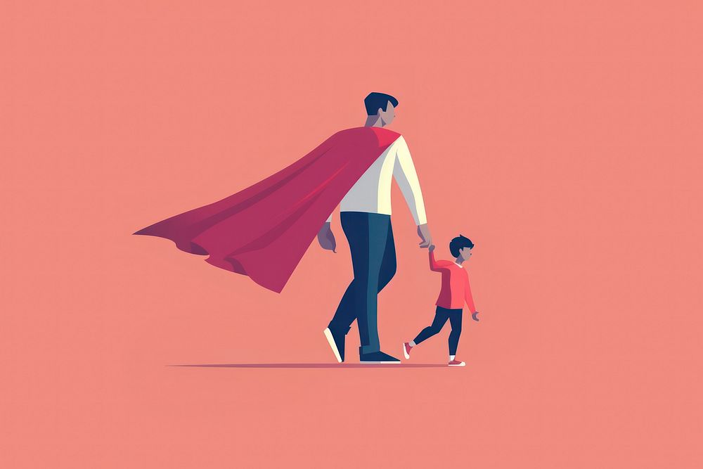 Father with cape and son walking adult togetherness.