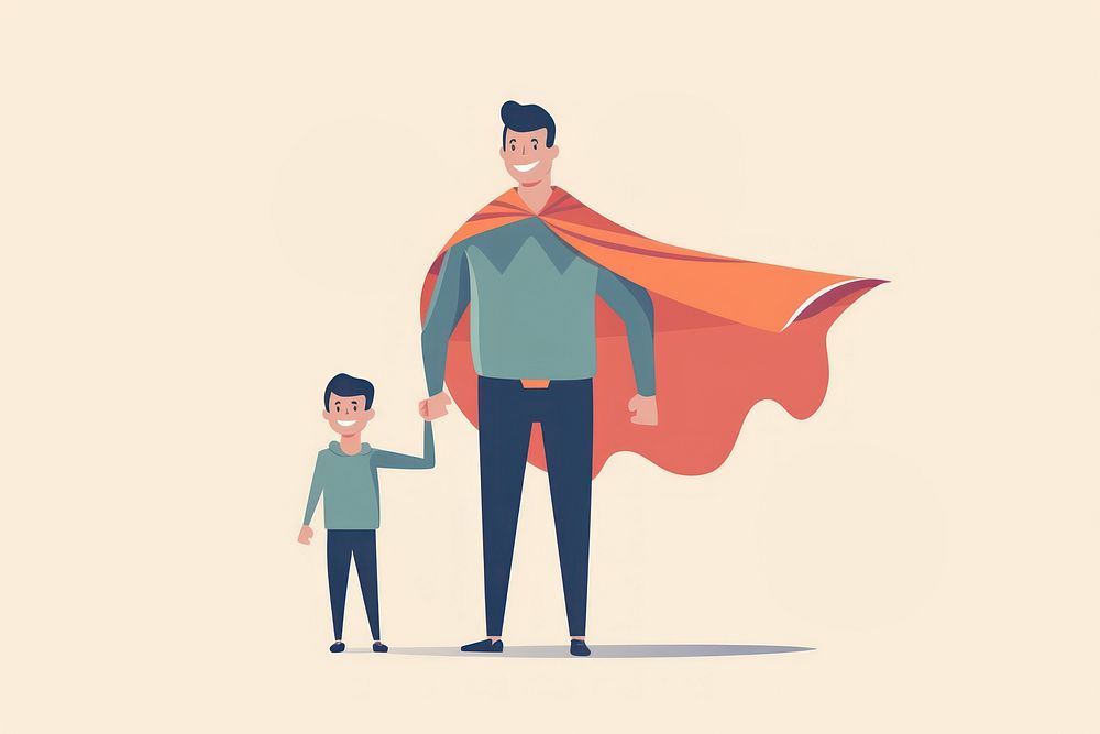 Father with cape and son cartoon adult togetherness.