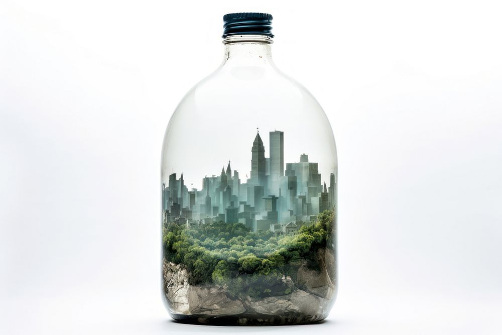 Double exposure photography building in the plastic bottle glass plant white background.