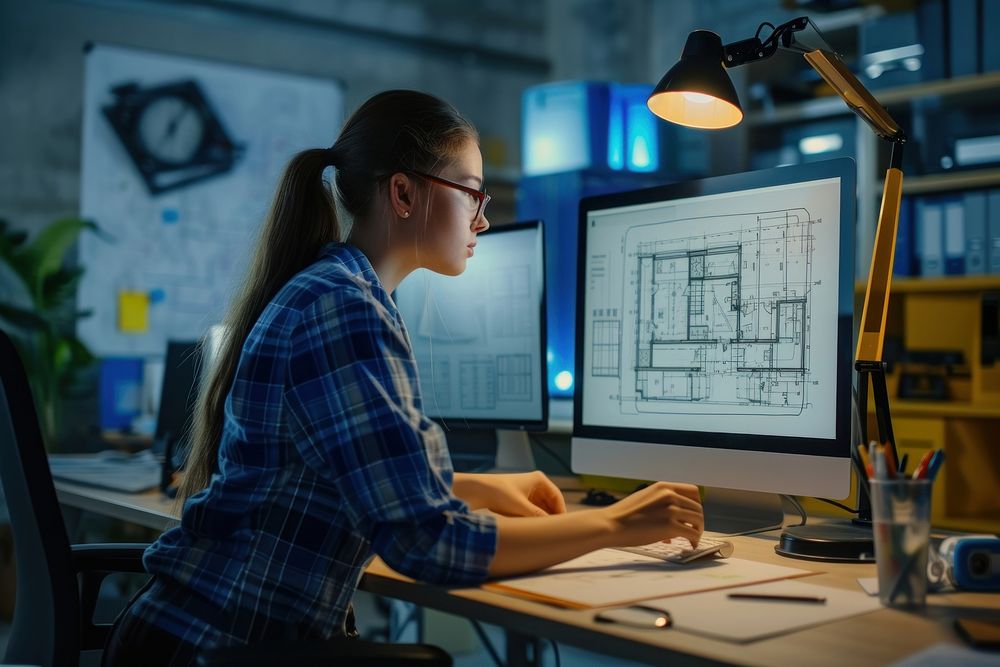 Female architect or architect and engineer working on blueprint in computer screen table desk concentration.