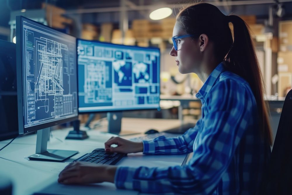 Female architect or architect and engineer working on blueprint in computer screen concentration businesswear electronics.