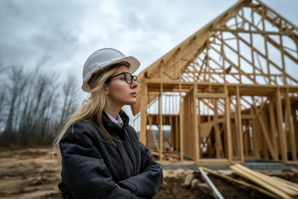 Female architect inspecting an under construction home hardhat helmet wood.