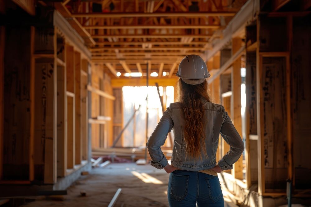 Female architect inspecting an under construction home hardhat adult wood.