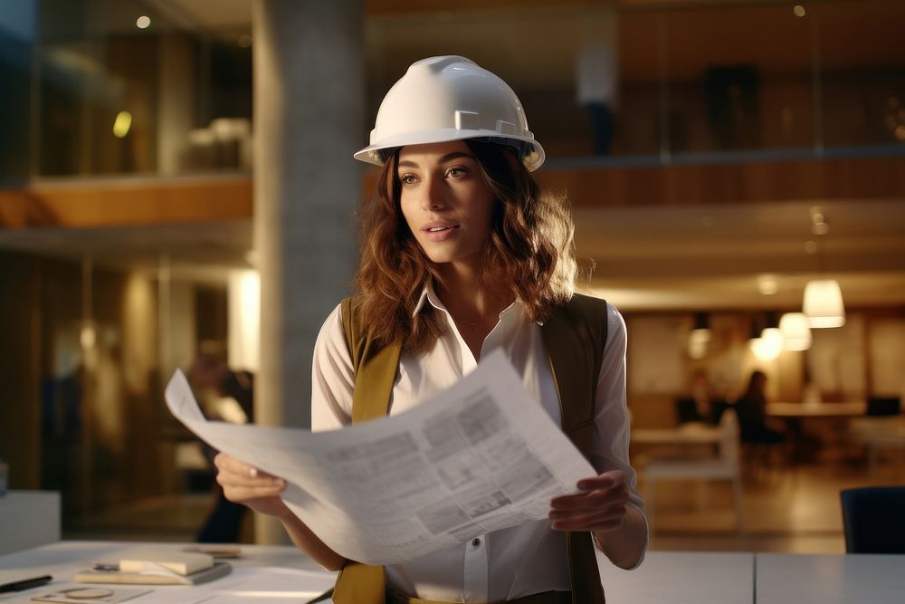Female architect wearing helmet and holding blueprint hardhat adult architecture.
