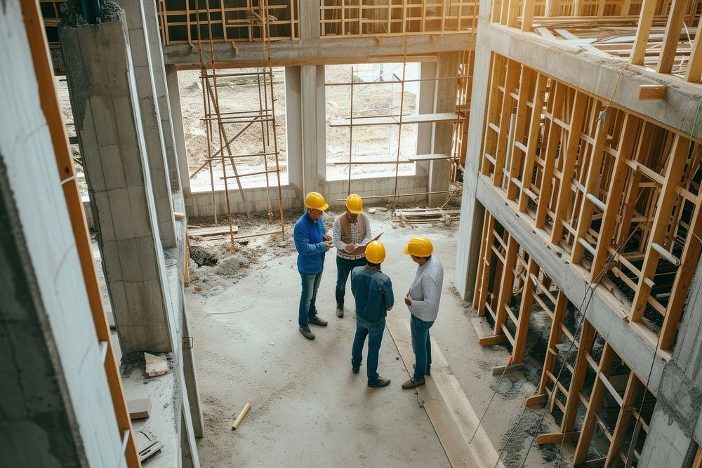 Four architects inspecting an under construction home hardhat helmet togetherness.