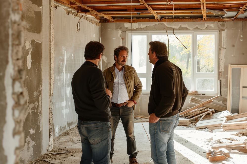 Four architects inspecting an under construction home adult togetherness architecture.