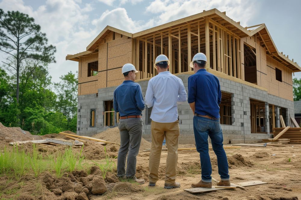 Four architects inspecting an under construction home hardhat helmet adult.