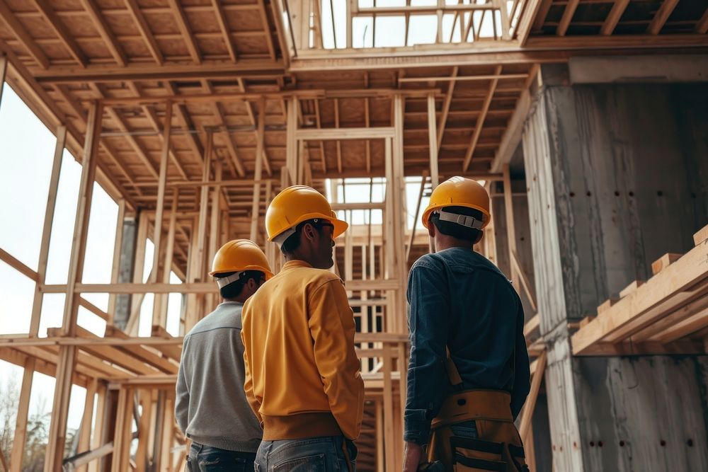 Four construction workers inspecting an under construction home hardhat helmet adult.