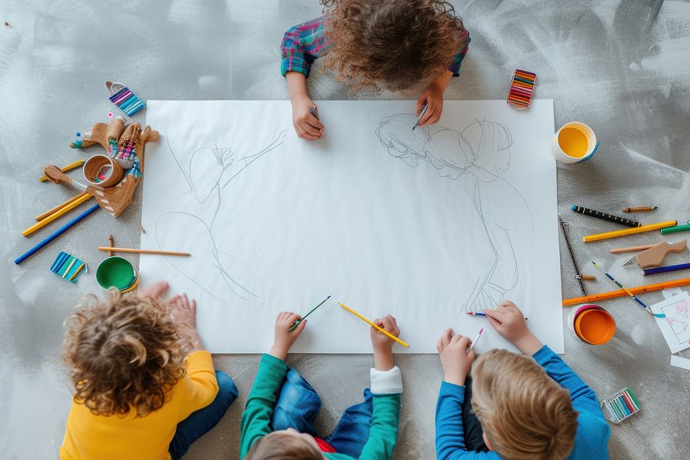 Children drawing child brush paper.
