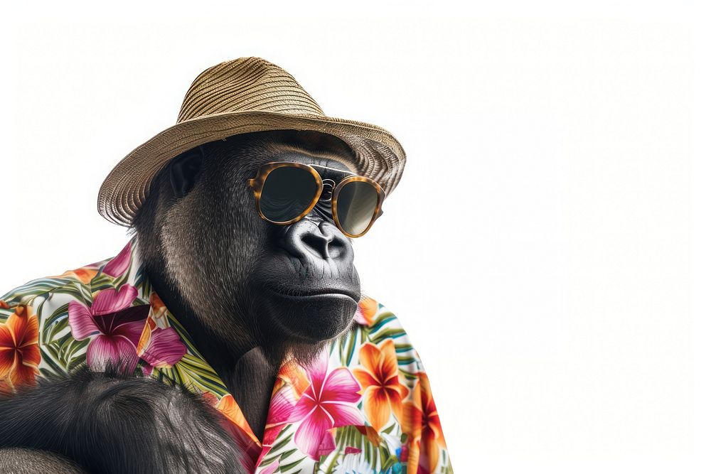 Hat and floral hawaiian shirt sunglasses wildlife portrait.