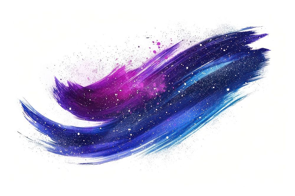 Glitter dry brush stroke galaxy purple white background.